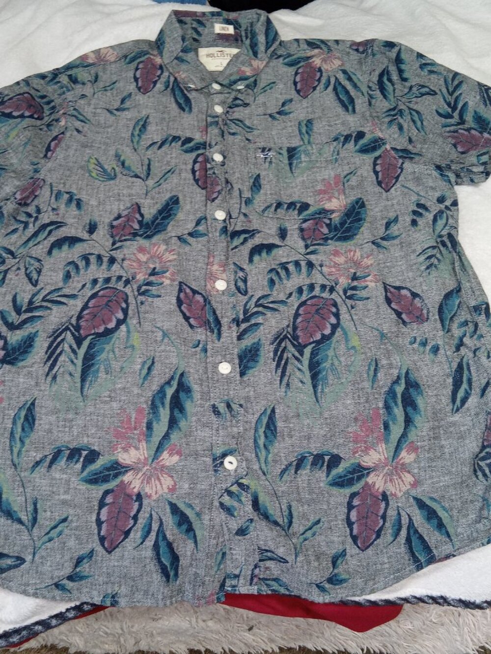 Hollister Linen Camp Shirt Mens L Gray Floral Collar Short Sleeve Preppy Coastal - Picture 6 of 11